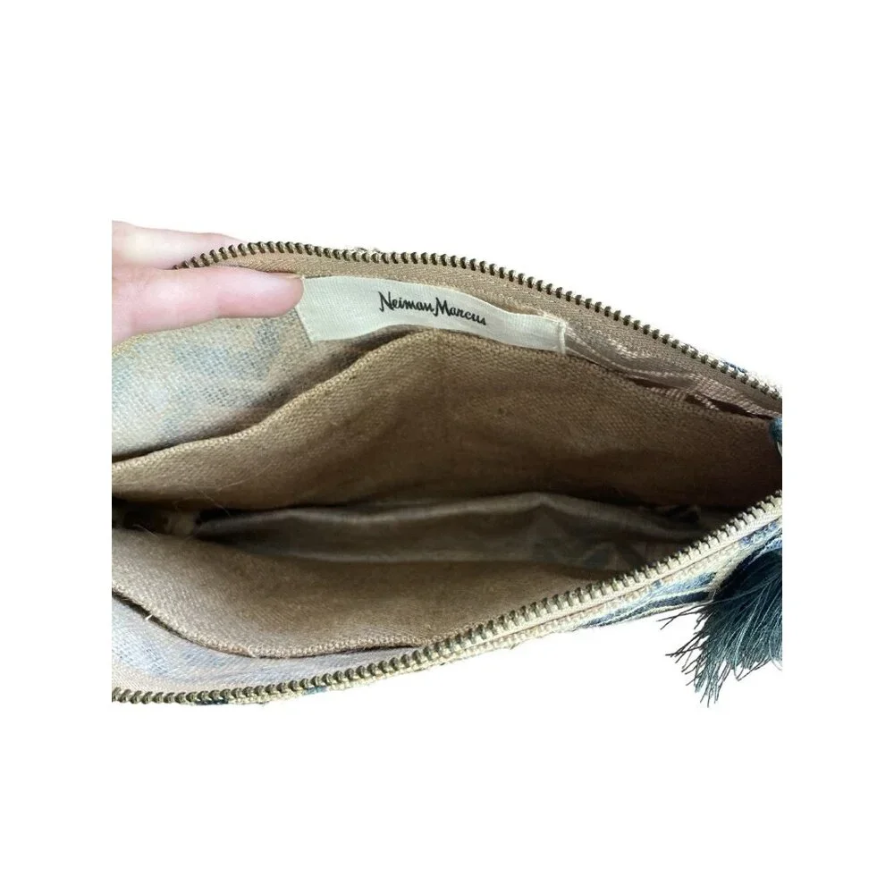 Neiman Marcus Chevron Cosmetic Bag Blue Beige Jute Zip Tassel Travel Makeup